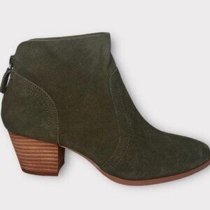 Violet & Red Suede Cupid Bootie Size 6.5 New Leather Block Heel Olive Green
